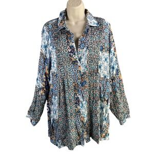Jane +‎ Delancy Patchwork Floral Print Button Down Shirt Tunic Top Womens Medium
